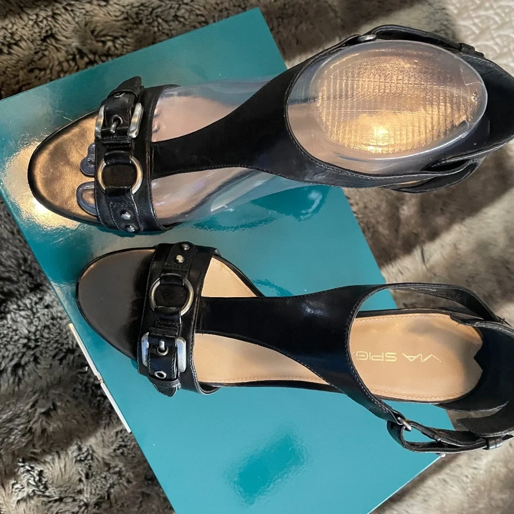 Via Spiga Black Leather T-Strap Edgy Ankle Strap Heels Size 7M - Picture 7 of 11